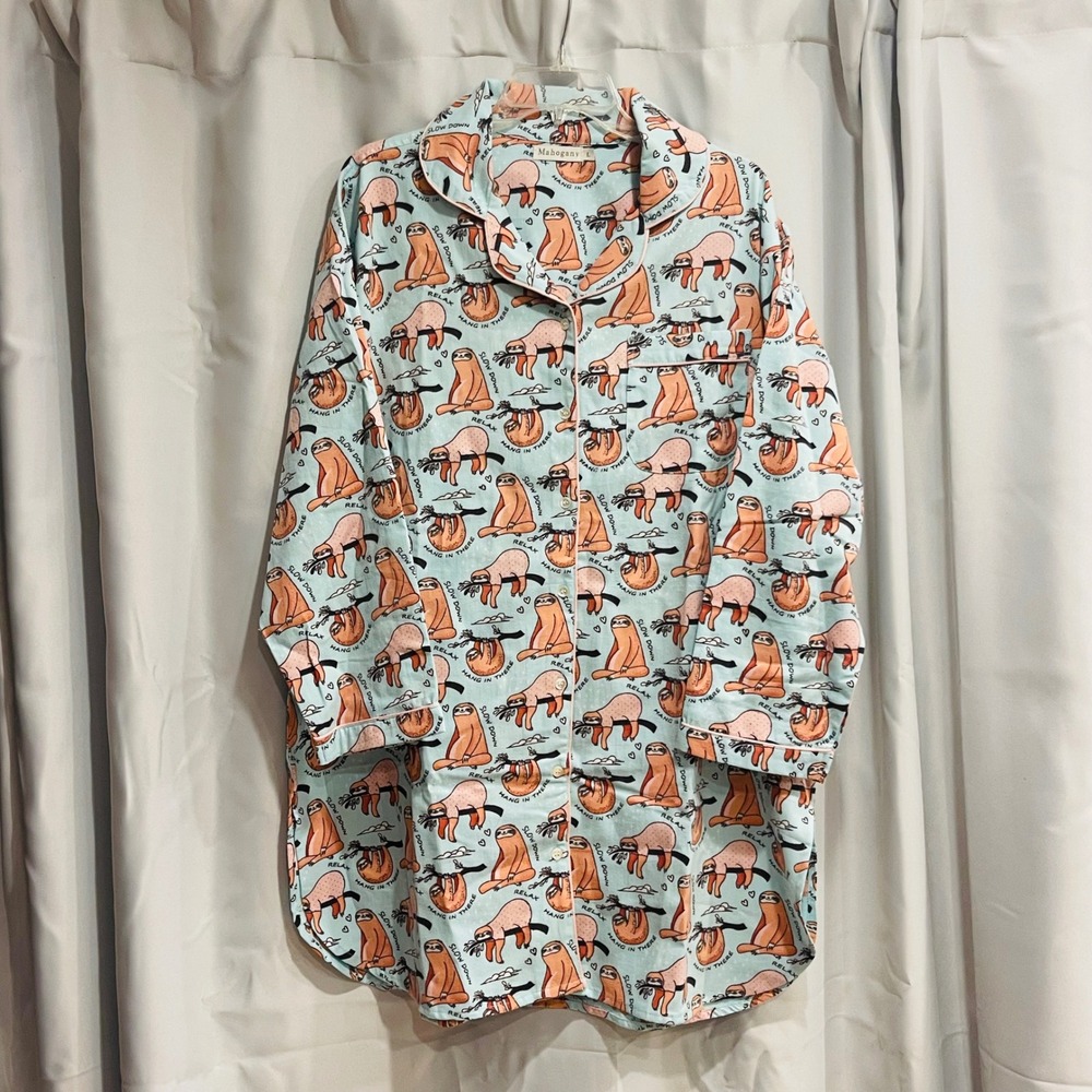 Mahogany Sloth Print Sleep Shirt Light Blue Flannel Long Sleeve Nightgown L